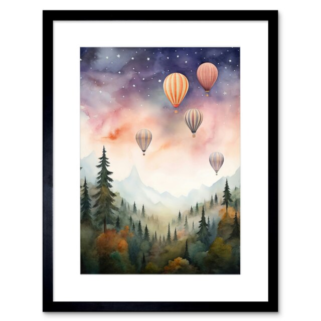 "Hot Air Balloons Over Misty Forest Landscape 9x7"" Black Framed Wall Art Print"