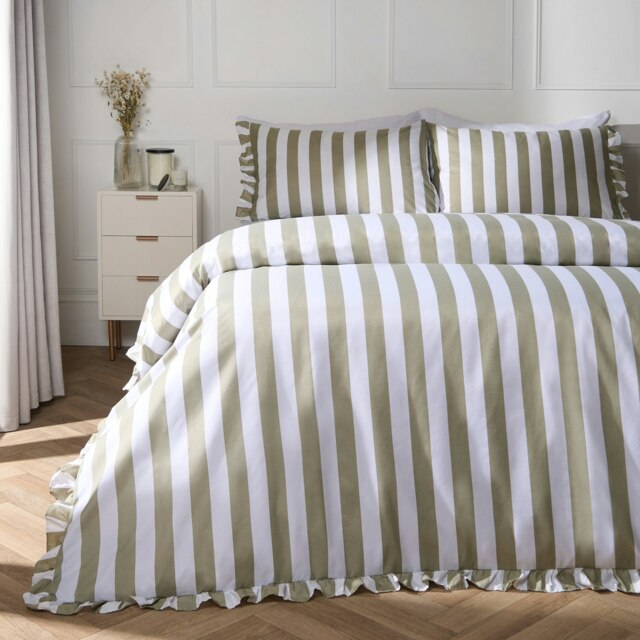 OHS Stripe Print Frill Edge Soft Duvet Cover Bedding Set Green Sage Double