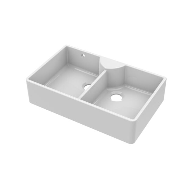 Balterley Fireclay Double Bowl Stepped Weir Butler Sink - with Tap Ledge, Overflow, No Tap Hole & Tap White White 1