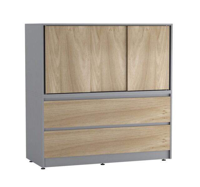 120cm 3 Sliding Door 4 Drawer Bedside Cabinet Storage End Unit Bedroom Furniture Multi Grey with Oak Doors 1