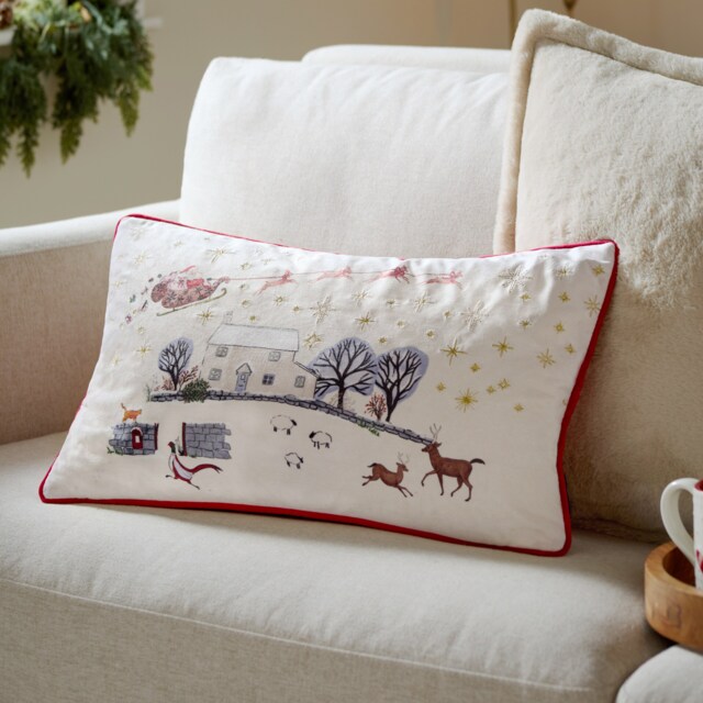 Furn Cotswold Christmas Embroidered Velvet Cushion Red Cream/Burgundy