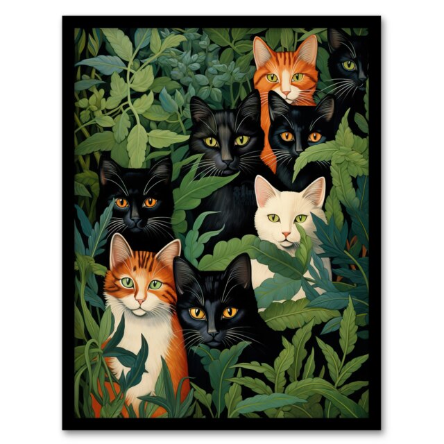 Cats By Julia Davidson Quirky Ginger White Black Framed Wall Art Print A4