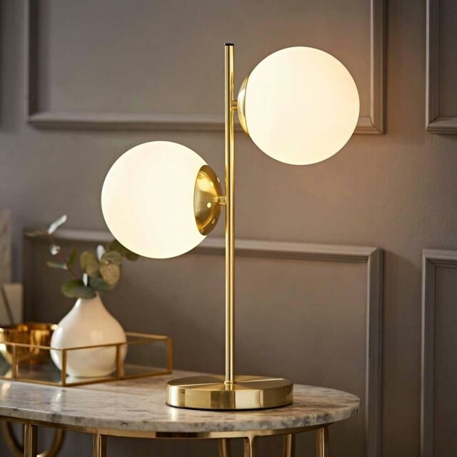 ValueLights Jas 2 Light Gold Metal Stem Bedside Table Lamp with White Frosted Glass Shades & Bulbs Gold