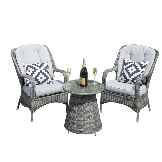 Direct Wicker Garden Aluminium Bistro Set, Table with 5mm Toughened Glass Top, 2-Piece Rattan Chairs