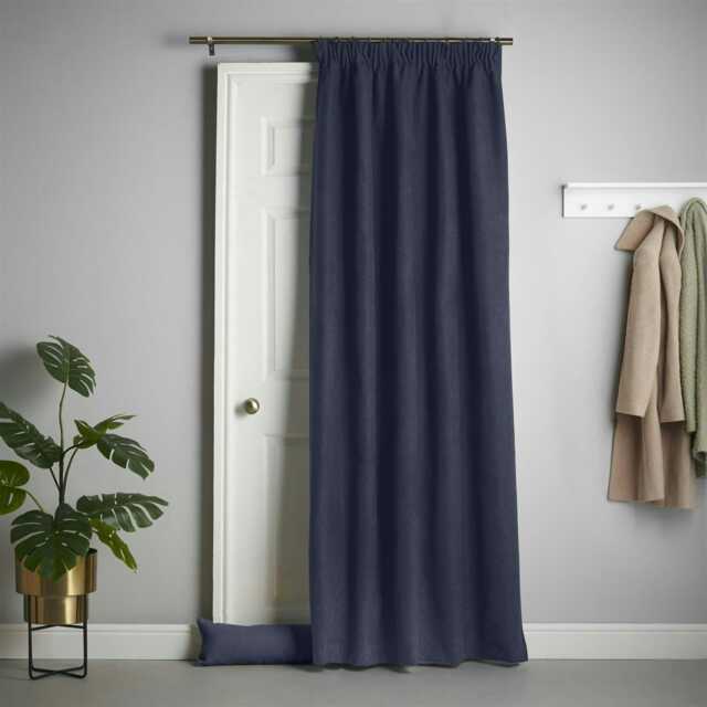 Velvet Chenille Thermal Fleece Lined Single Pencil Pleat Taped Top Door Curtain - 137cm x 213cm - Navy