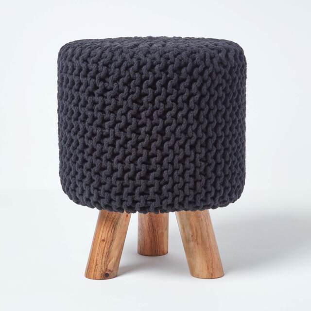 Homescapes Black Tall Cotton Knitted Footstool on Legs Black 32 x 32 x 42 cm
