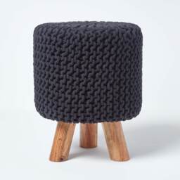 Homescapes Black Tall Cotton Knitted Footstool on Legs Black 32 x 32 x 42 cm
