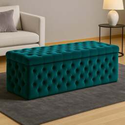 180cm Wide Lux Ottoman Storage Box, Emerald Green Velvet Upholstered Chesterfield Storage Ottoman Box