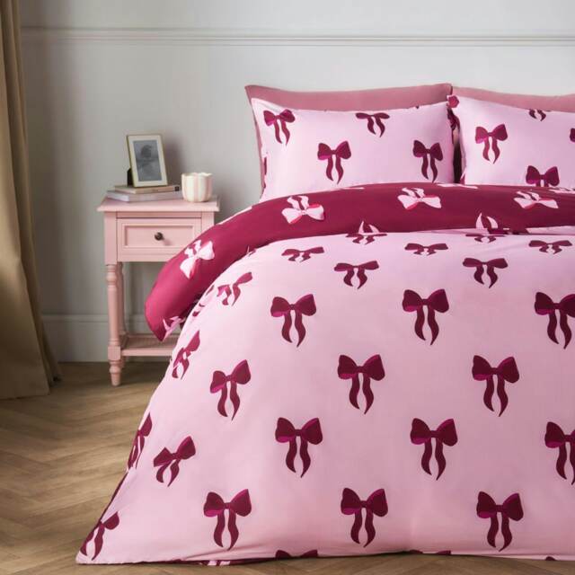 OHS Bow Reversible Soft Cosy Plump Duvet Cover and Pillowcase Bedding Set Pink Double