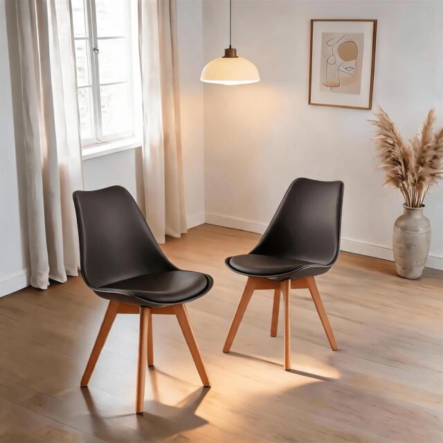 Pair of Grey Plastic Tulip Dining Chair Padded Faux Leather Seat Solid Wood Legs
