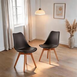Pair of Grey Plastic Tulip Dining Chair Padded Faux Leather Seat Solid Wood Legs