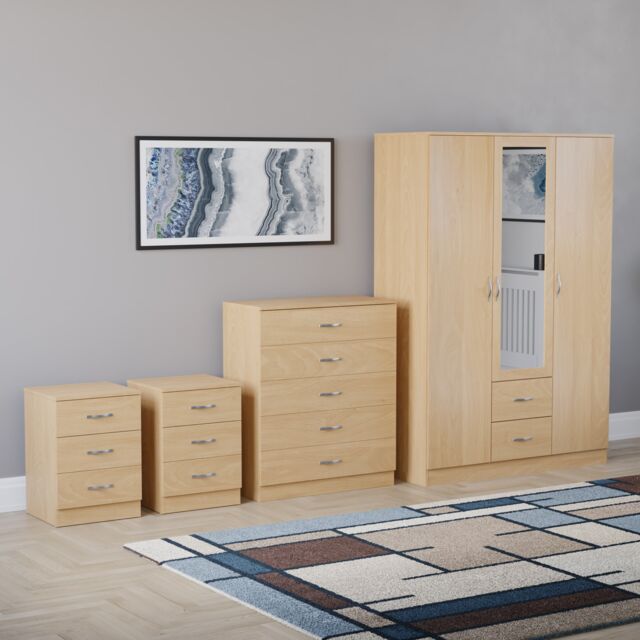 Vida Designs Riano 4 Piece Bedroom Set (2x 3 Drawer Bedside Chest, 5 Drawer Chest, 3 Door 2 Drawer Mirrored Wardrobe) - Pine