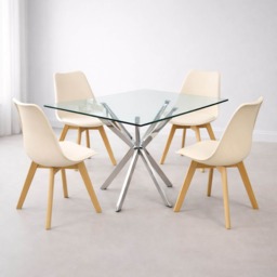 Modern Rectangle Glass Dining Table Set With 4 Cream Plastic Chairs Dining Room Furniture