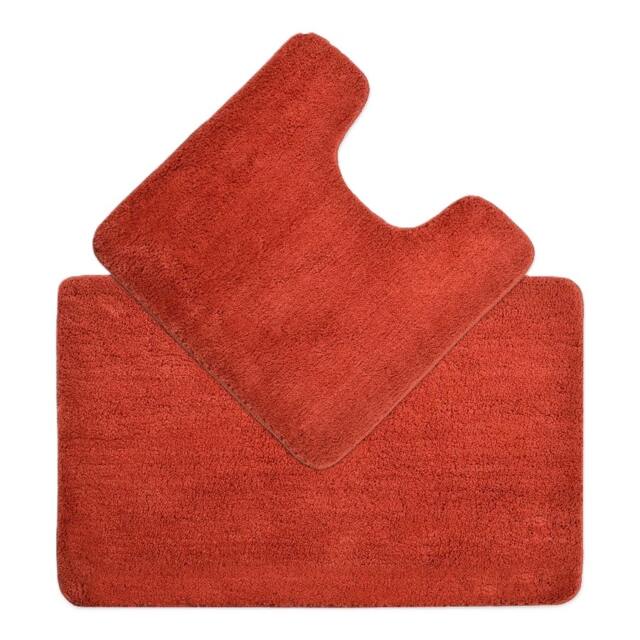 Luxury Microfibre Deep Pile Bath Mat and Pedestal Set - Non Slip Orange Terracotta