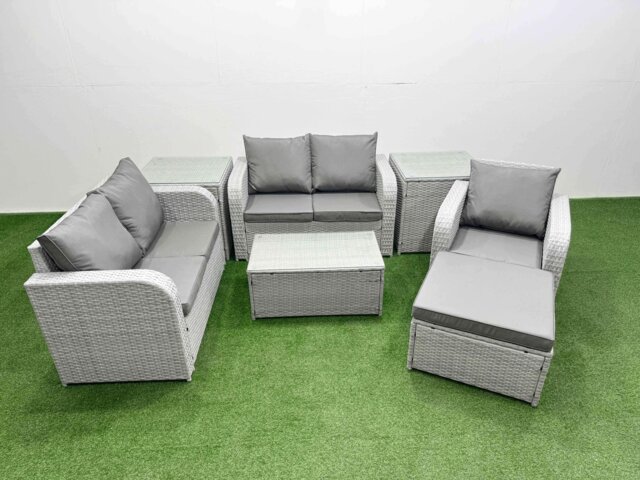 Fimous High Back Poly Rattan Garden Furniture Set with Reclining Chair Loveseat Sofa Rectangular Coffee Table Indoor Outdoor Patio Set Big Stool 2 Side Table Light Grey