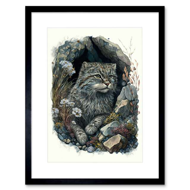 "Wild Cat Rock Cavity Wildflowers Watercolour 9x7"" Black Framed Wall Art Print"