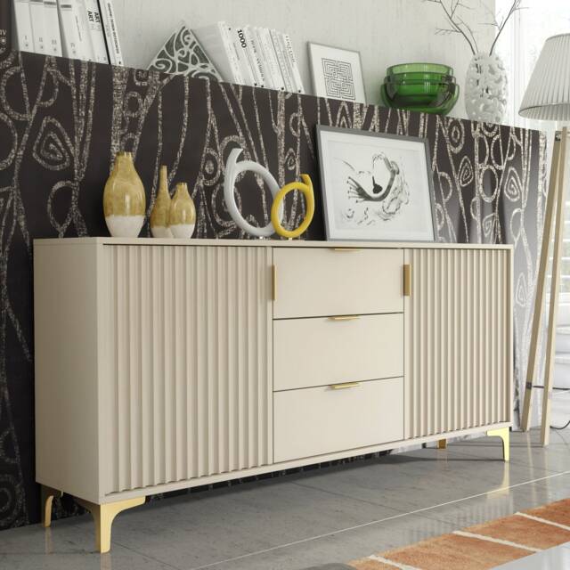 Sideboard Cabinet TV Unit Storage Cabinet Chest of Drawers Cashmere Fluted Doors 140cm