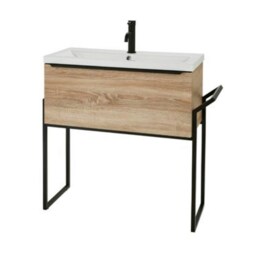 Bathroom 800mm Wall Mounted Drawer Unit, Ceramic Basin & Frame Sonoma Oak - (Central) - Brassware Not Included Brown Brown 1