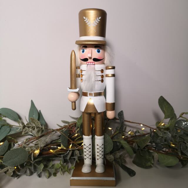 30cm Wooden Christmas Nutcracker Soldier Decoration in White and gold