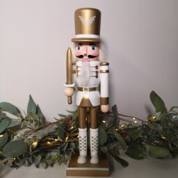 30cm Wooden Christmas Nutcracker Soldier Decoration in White and gold