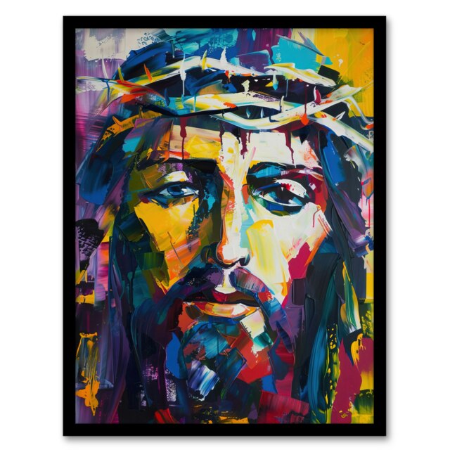 Jesus Thorn Crown Portrait Modern Christian Black Framed Wall Art Print A4