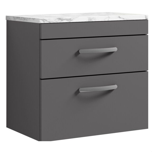 Balterley Millwich Contemporary 2 Drawer Wall Hung Vanity Unit with Laminate Carrara Marble Worktop, Gloss Grey, 600mm