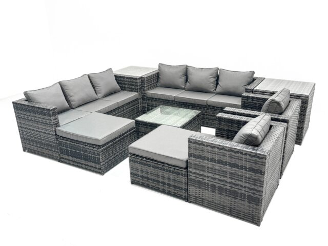 Fimous Outdoor Rattan Garden Furniture Set 10 Seater Patio Lounge Sofa Set with Armchair Square Coffee Table 2 Side Tables 2 Big Footstool Dark Grey Mixed