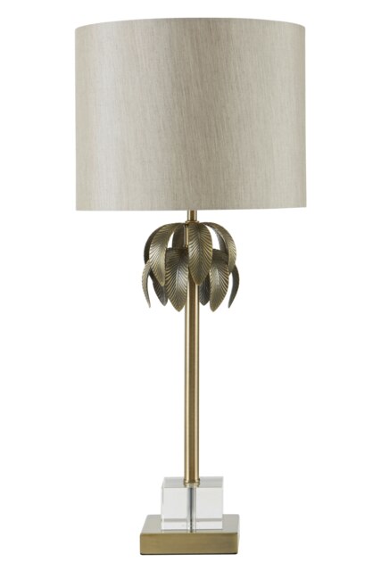 Orsina Antique Brass Leaf Table Lamp with Grey Shade, Textured Metal Leaves on Crystal Base, Luxe Accent Table Lamp