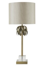 Orsina Antique Brass Leaf Table Lamp with Grey Shade, Textured Metal Leaves on Crystal Base, Luxe Accent Table Lamp
