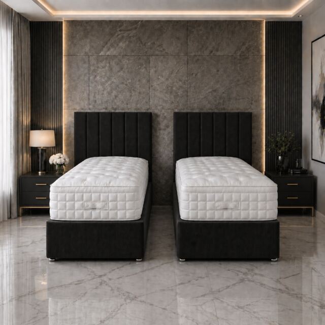 6ft Superking Zip Link 6x3 Length Black Plush Divan Bed Full Set 4 Drawers
