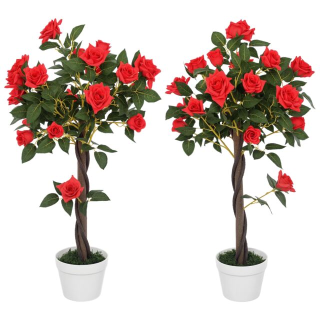 Outsunny Set of 2 90cm3FT Artificial Rose Tree, Fake Decorative Plant with Pot, UV-Resistant FauTree for Outdoor Indoor Home Office Decor, Red