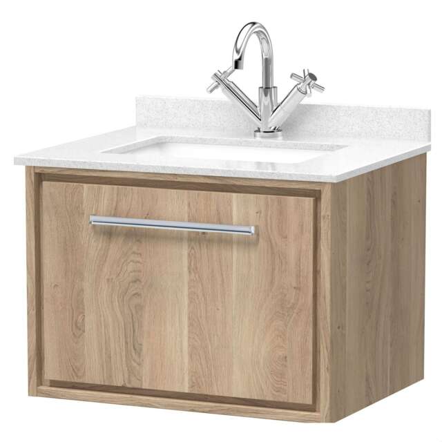 Balterley Longnor 1 Drawer Wall Hung Vanity Unit with Square Basin and Marble Worktop, Light Oak, 600mm