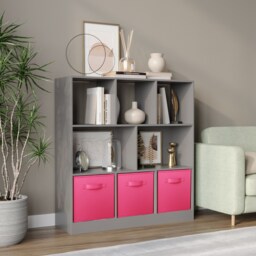 Asymmetrical 8 Grey Cube Bookcase Shelf Storage Unit with 3 Fabric Drawer Inserts Multi Grey & Light Pink 1