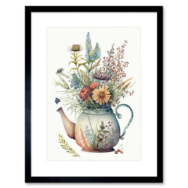 "Wildflower Floral Bouquet China Pattern Teapot 9x7"" Black Framed Wall Art Print"