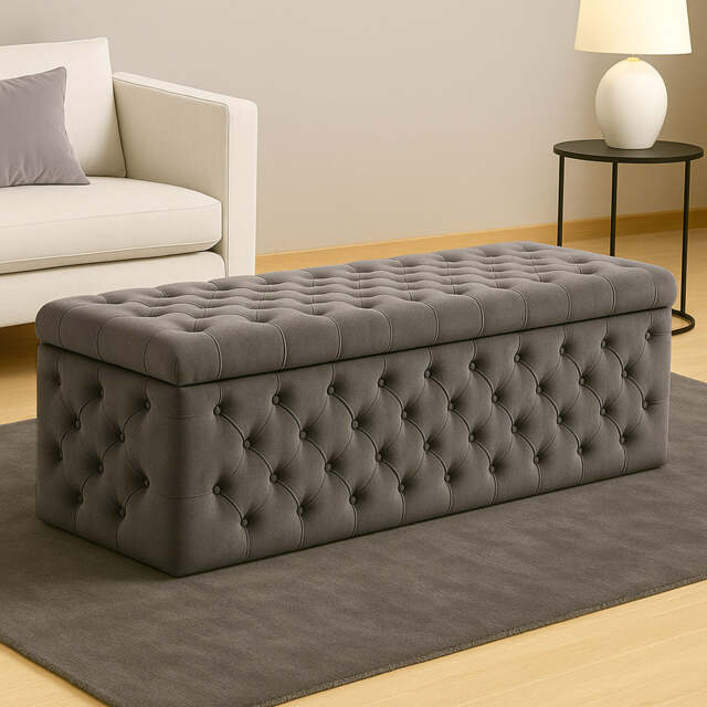 120cm Wide Lux Ottoman Storage Box, Steel Grey Velvet Upholstered Chesterfield Storage Ottoman Box