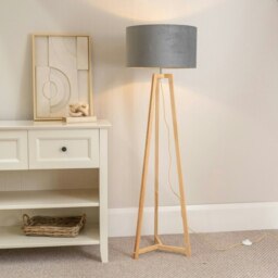 ValueLights Lottie Natural Wood Tripod Floor Lamp Grey Velvet Shade and Bulb
