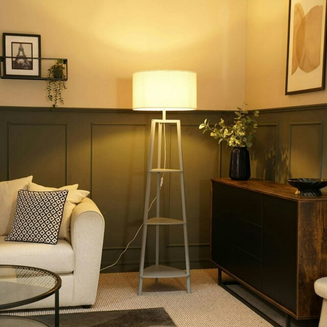 ValueLights Hiru Grey 3 Tier Shelf Floor Lamp Cream Shade Cream Grey