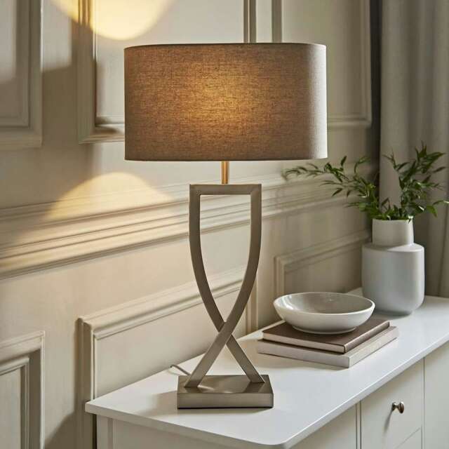 ValueLights Katniss Brushed Chrome Metal Table Lamp Oval Shade & Bulb Multi Grey