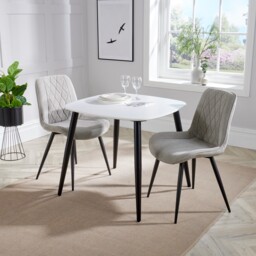 Aspen White 80cm Square Dining Table with 2 Upholstered Cord Fabric Diamond Stitch Chairs - Compact Modern Dining Set Grey White One Size 1