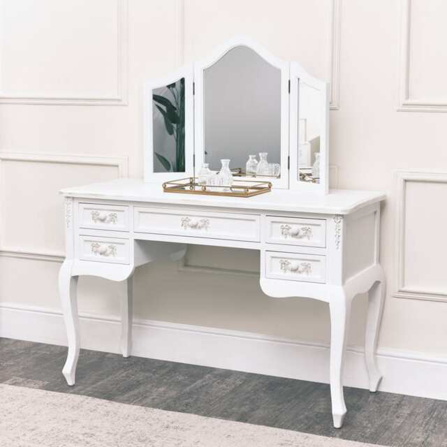 Antique White Dressing Table Desk With Triple Mirror - Pays Blanc Range