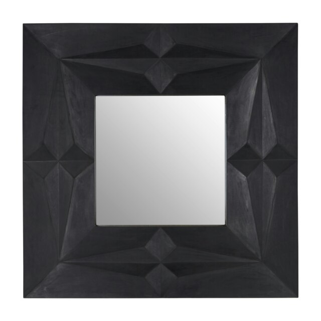 Orsina Square Wall Mirror with Black Finish, Carved Mango Wood Frame with Geometric Design, Sustainable