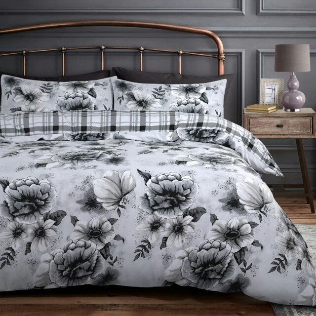 Velosso Cassia Floral Reversible Printed Cotton Blend Duvet Cover and Pillowcase Set Grey Single
