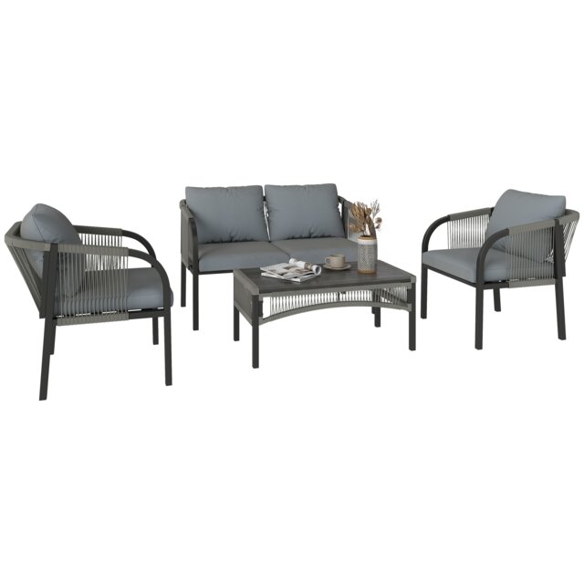 Outsunny 4 Piece Rattan Garden Furniture Set w/ Steel Frame, Cushions, Grey Grey Dark Grey Four Seater