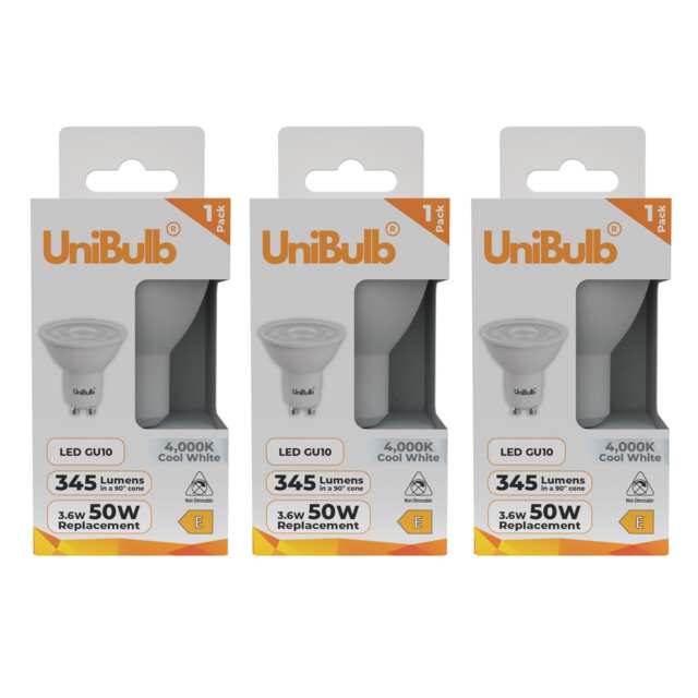 UniBulb LED GU10 345lm 3.6W (Replaces 50W) 4000K (Cool White) Spotlight Downlight Light Bulb - Pack of 3 White Cool White 3