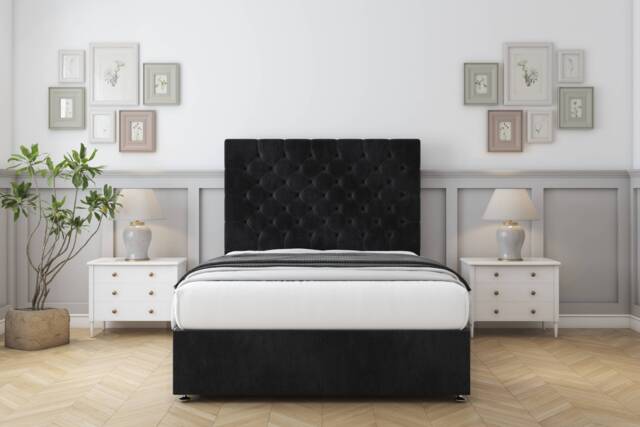 "Sloomy Mayfair Black Naples Divan Bed With Mattress 2 Drawers Same Side With 26"" Strutted Headboard 4' Small Double Black Black Small Double 1"