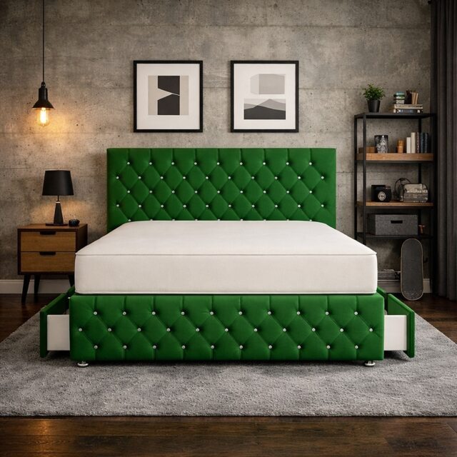 6FT Superking Green Plush Velvet Divan Bed With Headboard & Footboard and Memory Sprung Mattress No Drawers