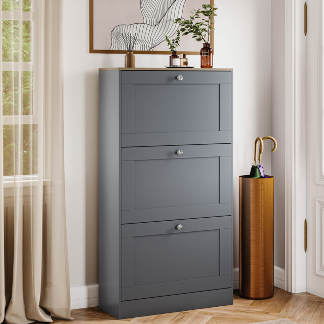 Vida Designs 3 Drawer Hallway Shoe Storage Cabinet Unit Compact Design - Grey & Oak