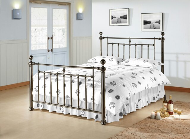 "Polished Black Nickel Finish Metal Bed Frame - Double 4ft 6"""
