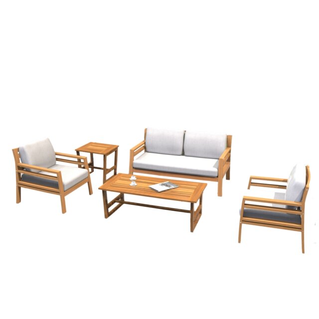 Direct Wicker 5 PCS Garden Furniture Conversation Set, Acacia Wood Outdoor Loveseat Sofa Set for Patio Balcony Yard, Straight-Line Design