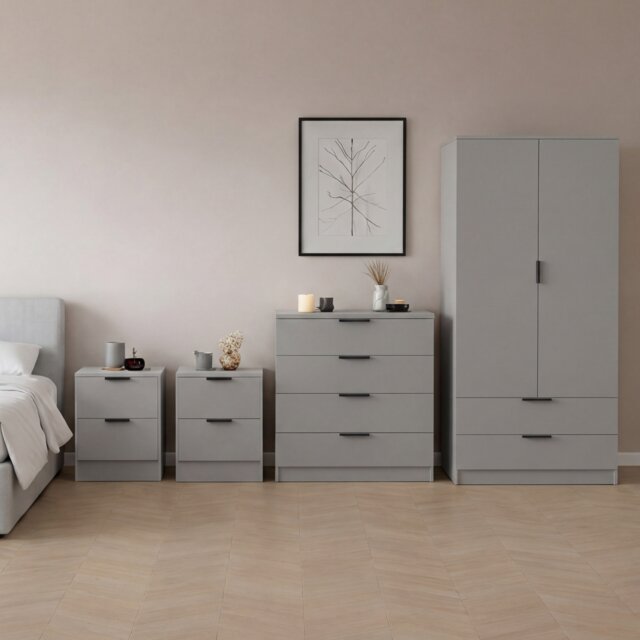 Vida Designs Trega 4 Piece Bedroom Set (2 Drawer Bedside Chest x2, 4 Drawer Chest, 2 Door 2 Drawer Wardrobe) Grey